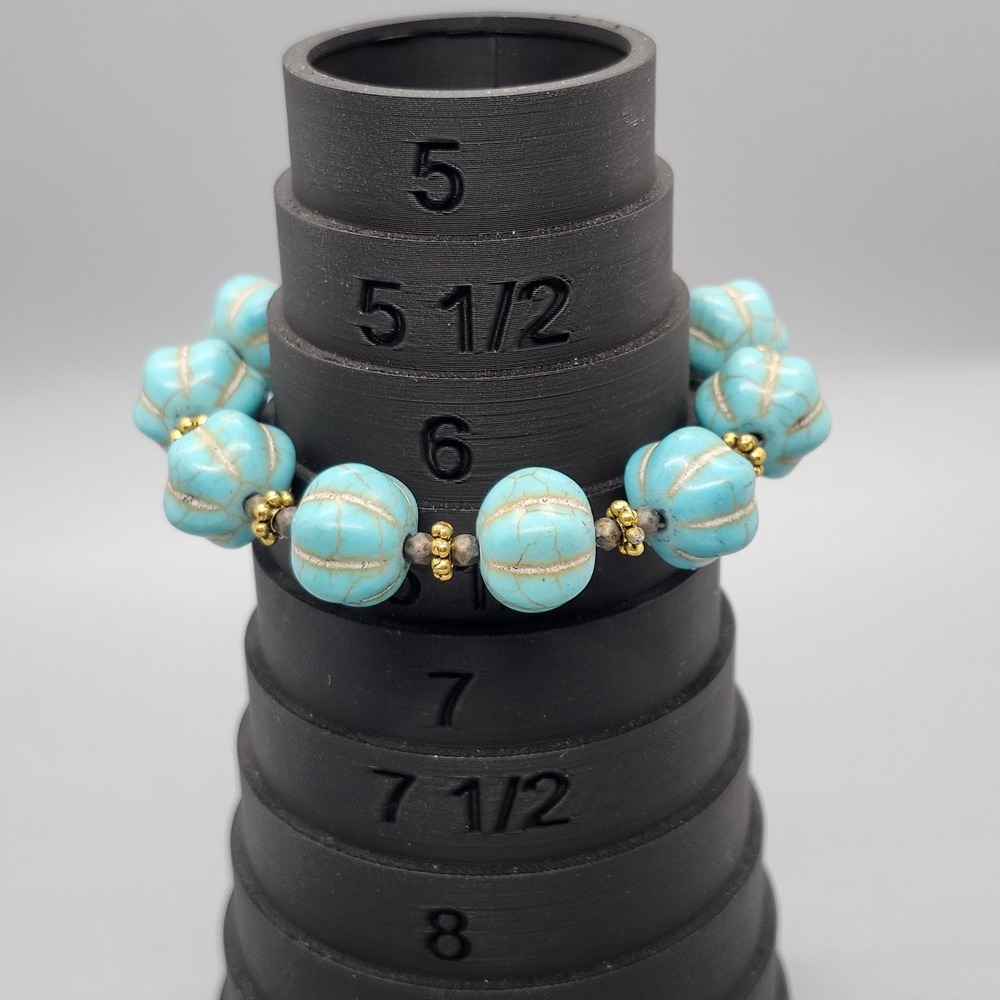 Faux Turquoise Beaded Bracelet 6.5-7" Gold Tone Bell Charm Toggle Clasp